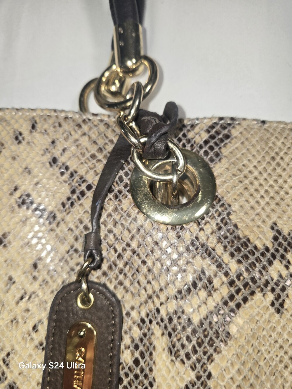 Vintage * Cynthia Rowley Snakeskin Tote * Purse * Leather Bag * Gold Trim - Picture 4 of 13